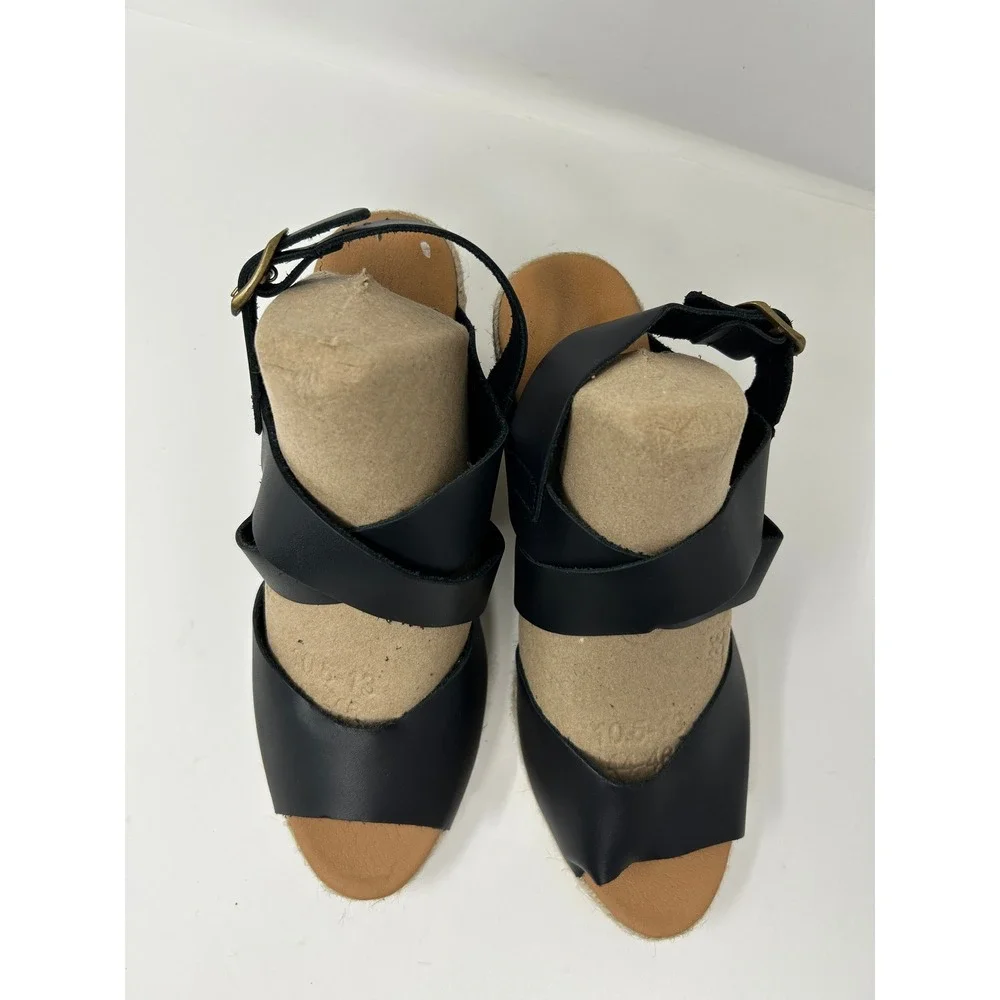 Barbour Black Leather Espadrille Wedge Sandals Buckle Ankle Strap Women's Size 9